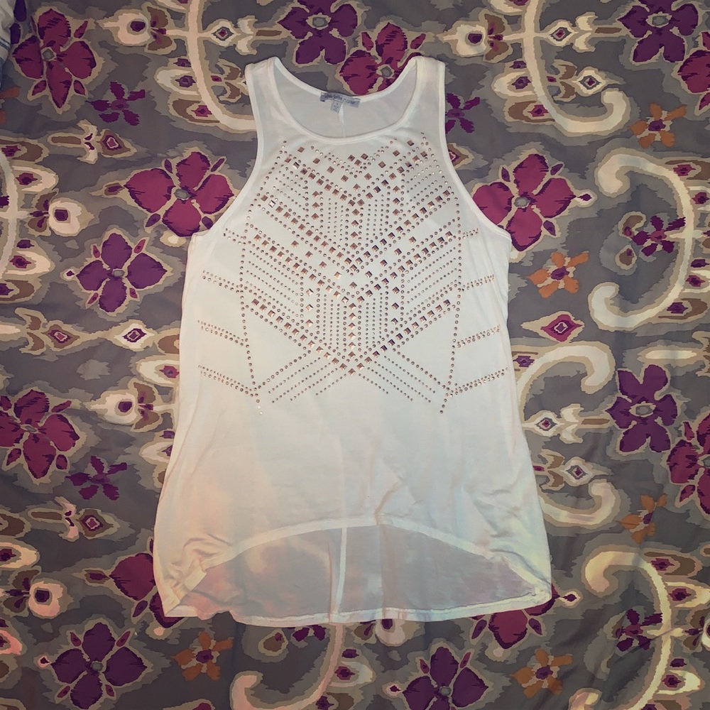 High neck white tank top, gold embellishments